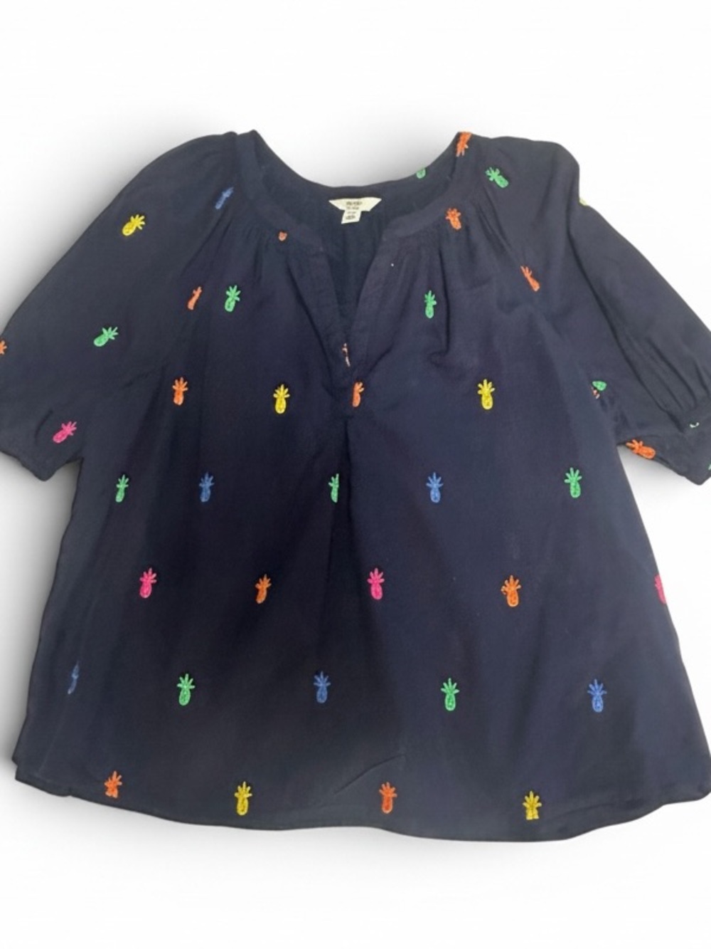 Crown & Ivy Navy Multicolor Embroidered Pineapple Peasant Blouse Top XL
